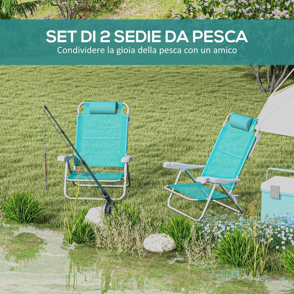 Set 2 Sedie da Campeggio Pieghevoli 62x65x80 cm Reclinabili su 6 Livelli Grigio a Azzurro
