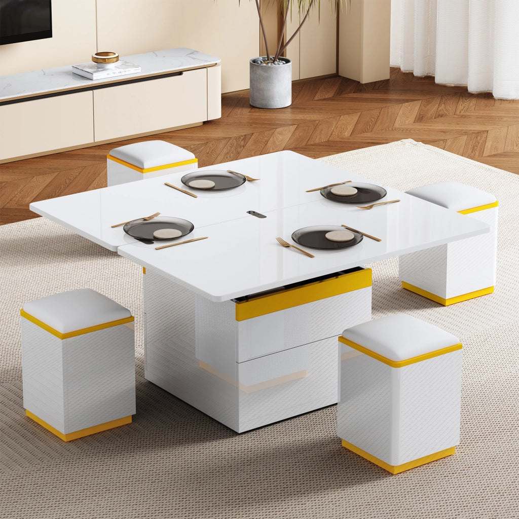 Tavolino Da Salotto Alzabile ed Estensibile con 1 Cassetto e Vani; Lucido Parziale; in MDF; Bianco Giallo