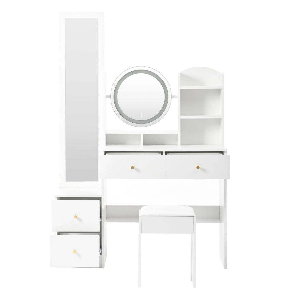 Toeletta 4 in 1 con specchio LED e specchio girevole, sgabello, 109x36x164 cm, bianca