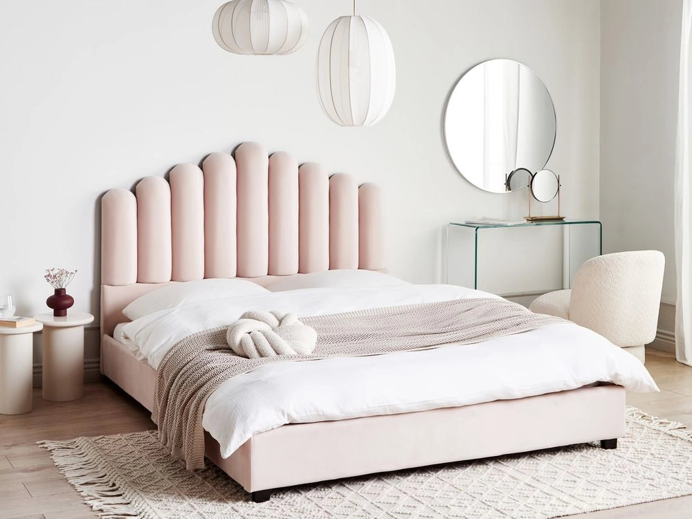Letto matrimoniale ad acqua in velluto rosa pastello 160 x 200 cm testata alta a conchiglia stile classico retrò
