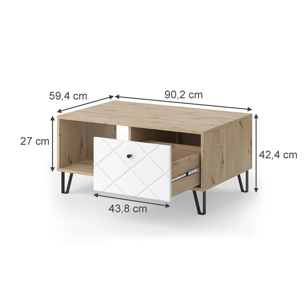 Vicco Tavolino Artigianale/Bianco 90.2 x 59.4 cm con scomparto aperto e cassetto
