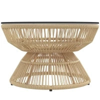 Tavolino da Giardino Rotondo, Tavolino d'Appoggio in Resina Effetto Rattan e Piano in Vetro Temperato, Ø60 x 37H cm, Legno naturale