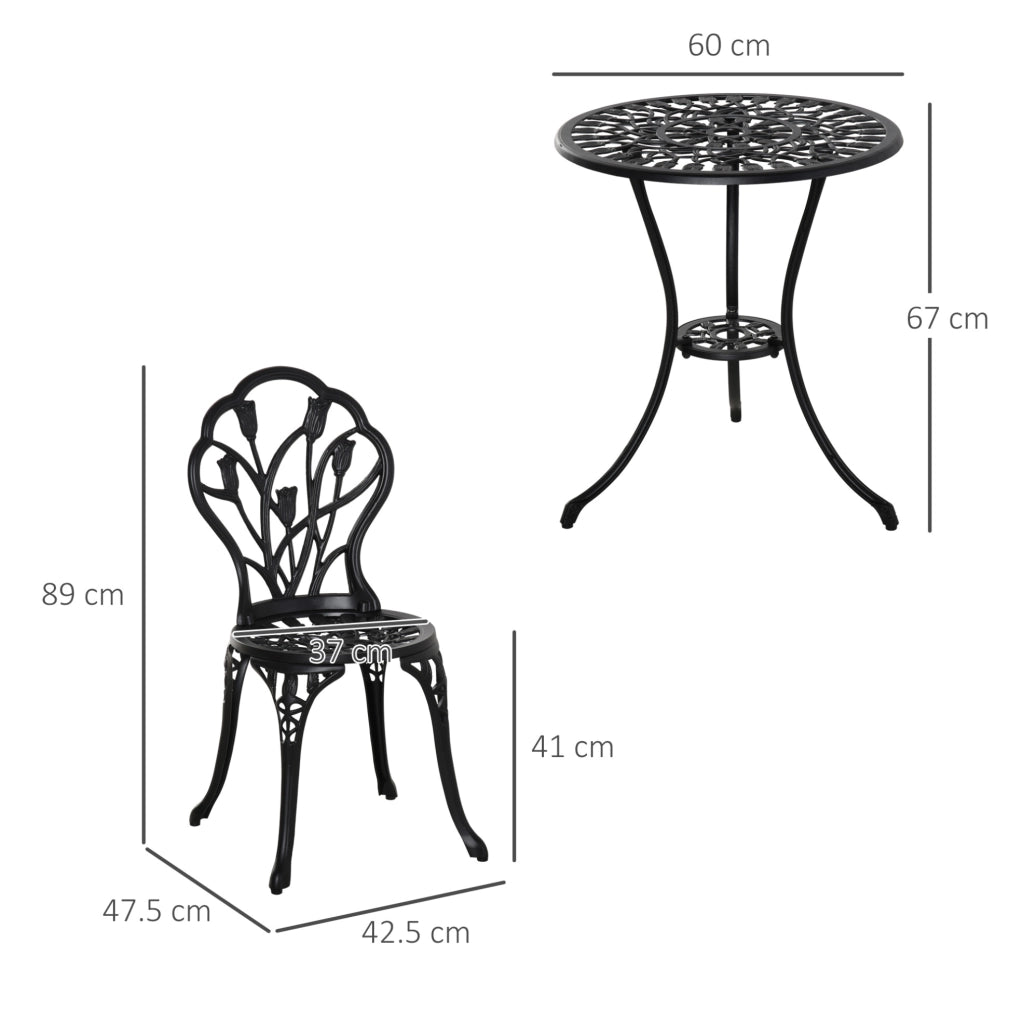 Set bistrot da esterno nero in alluminio con tavolo rotondo e 2 sedie