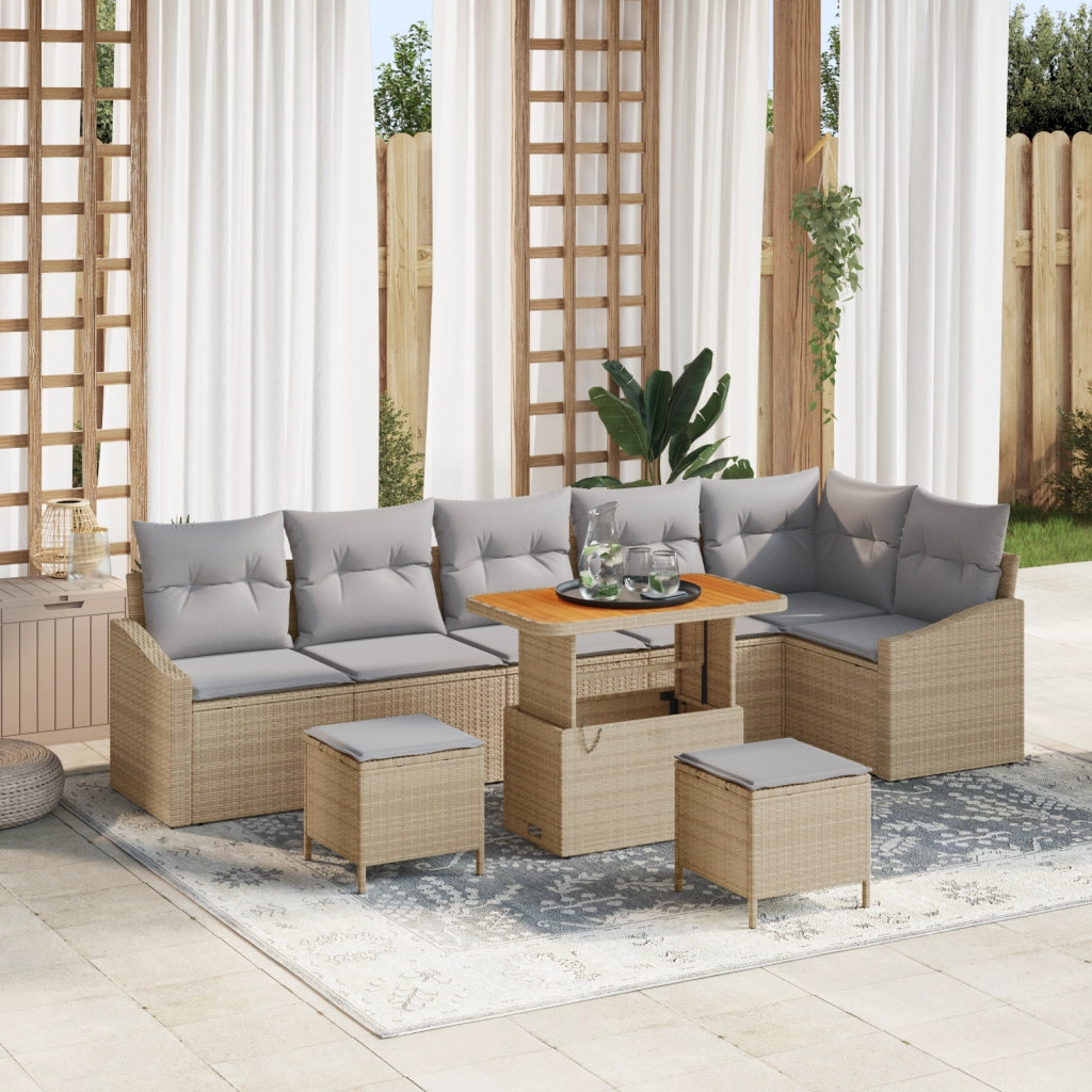 Set Divano da Giardino in 9 Pezzi con Cuscini Beige Polyrattan Acacia