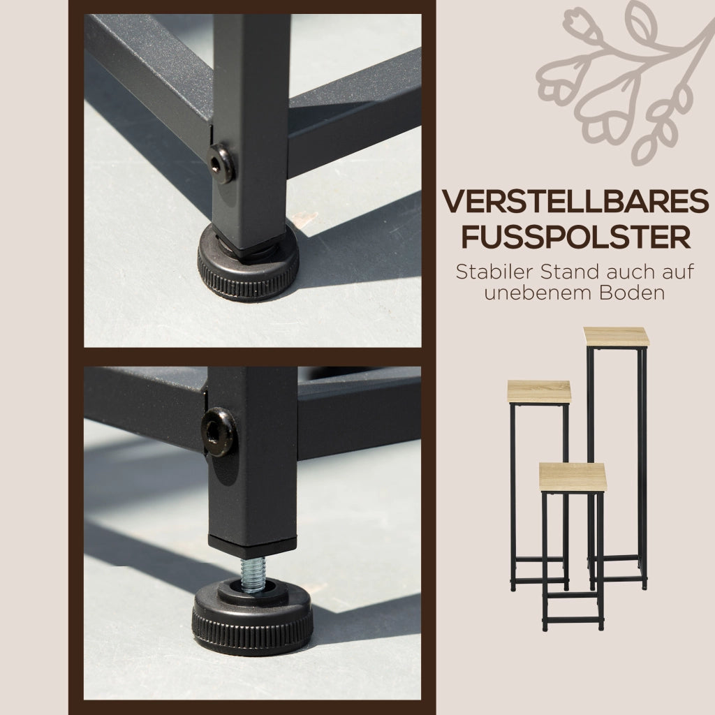 Set di 3 supporti per piante, sgabello e portavaso in acciaio, nero e naturale, per giardino e balcone.
