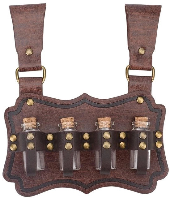 Fleschiere Riemata per Bicchieri - Stile Medievale - Rivestimento in Pelle PU - Colore Cocco - 4 Bicchieri - Per Uomo/Donna - Flessen Portatile