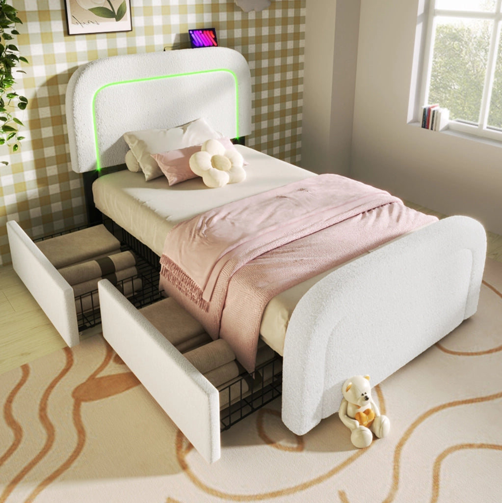 Letto singolo imbottito 90x200 cm in Sherpa bianco con USB Type-C; LED; 2 cassetti e materasso