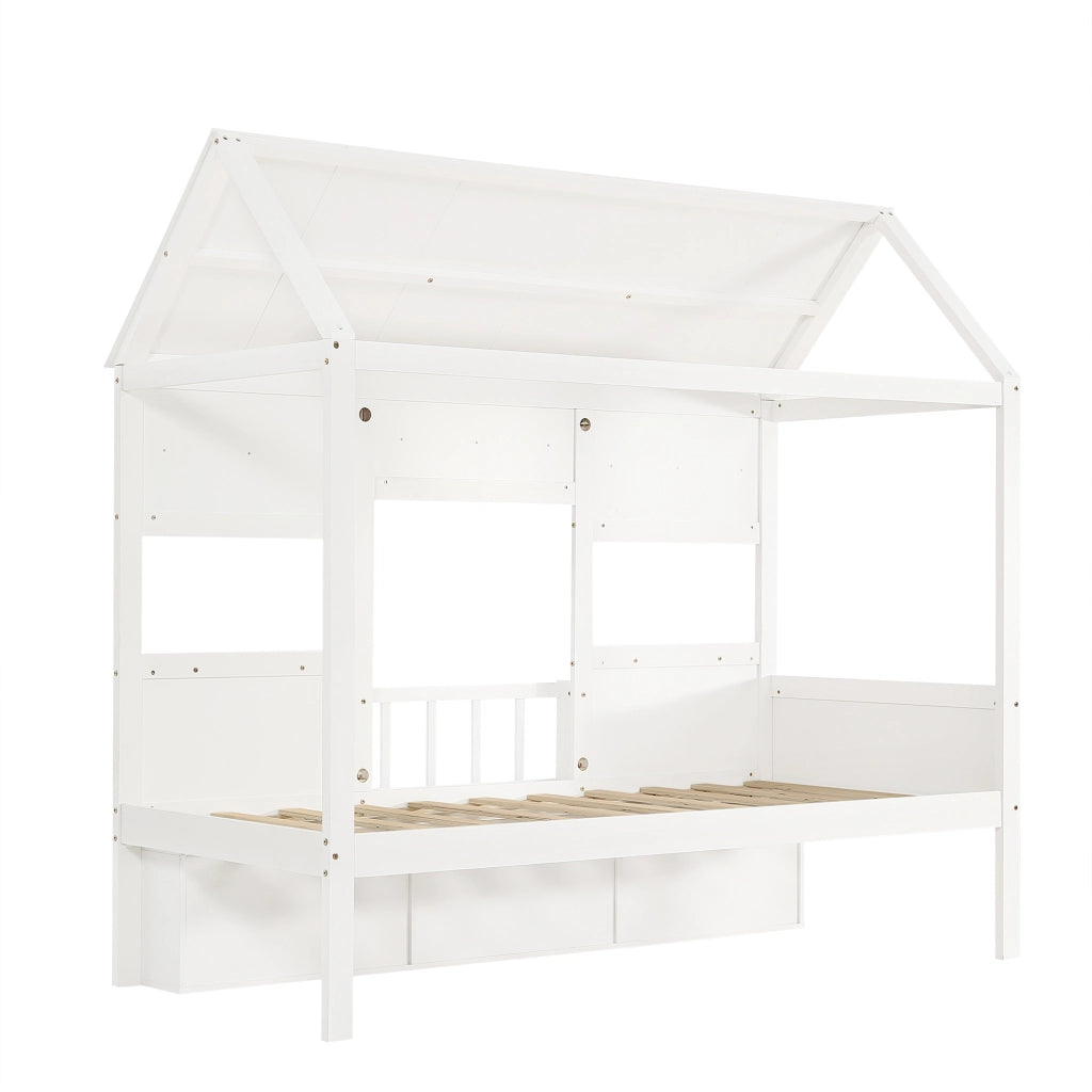 Lettino per bambini 90x200 cm, a forma di casetta, con scaffale, in pino + MDF + compensato, bianco