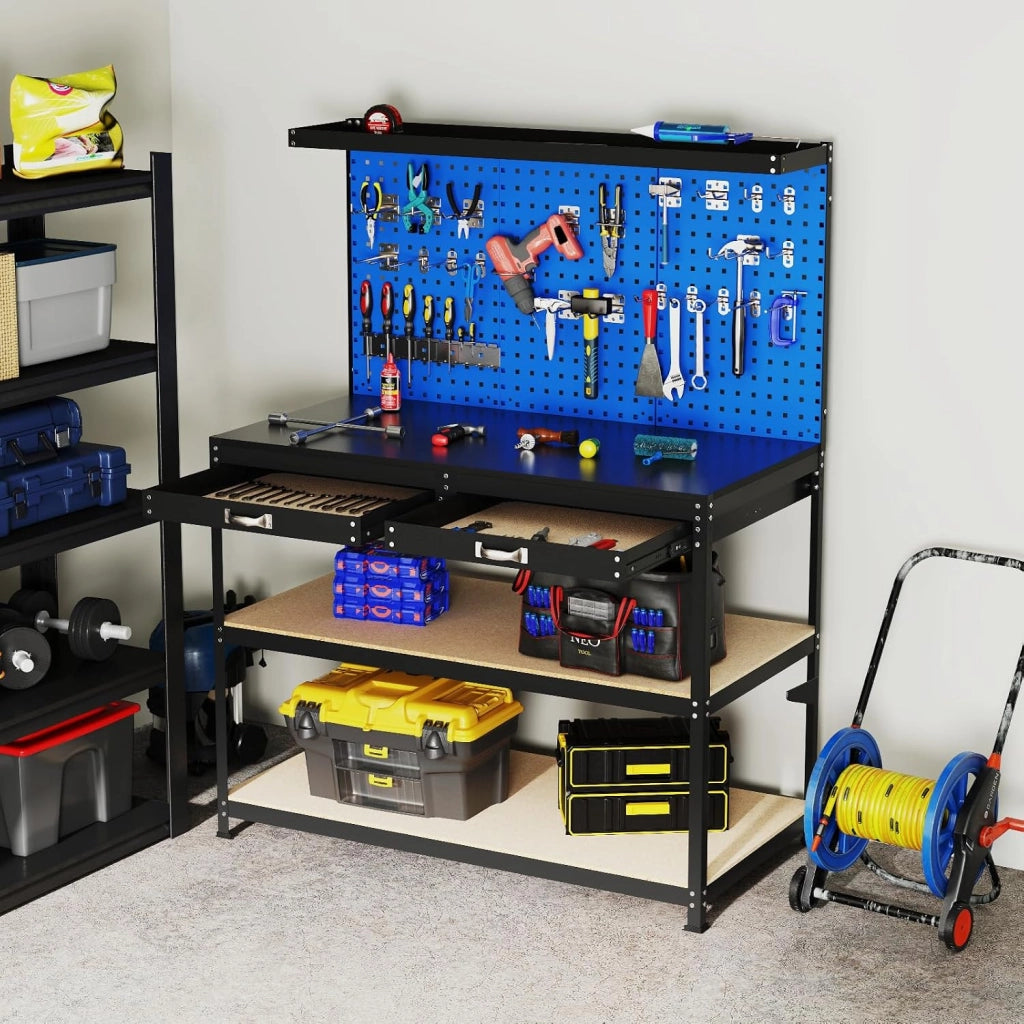 Banco da Lavoro con Piano da 120 x 60 cm, Banco da Lavoro Officina con Pannello Forato e 24 Ganci Porta Attrezzi, Tavolo da Lavoro per Garage con 2 Cassetti e 2 Mensole (Blu)