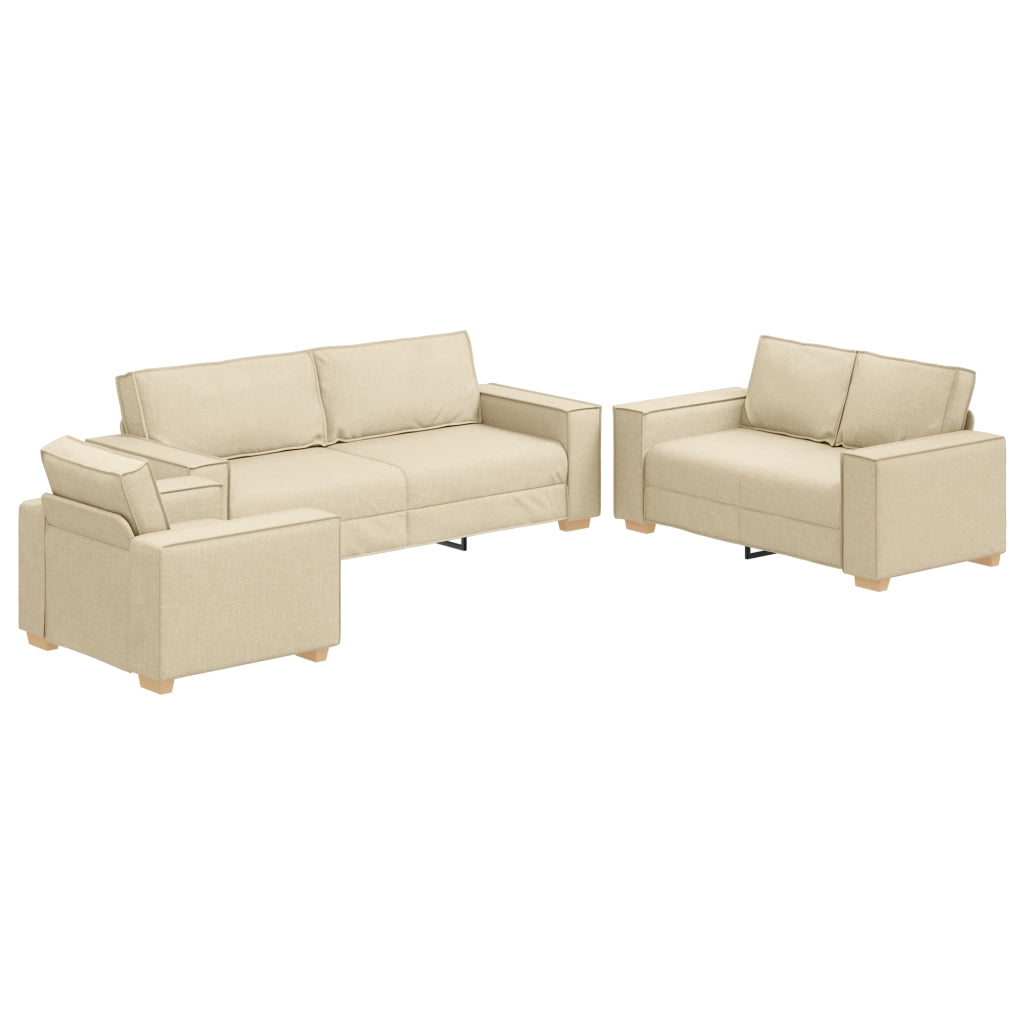 Set divano 3 pezzi con cuscini in tessuto color crema