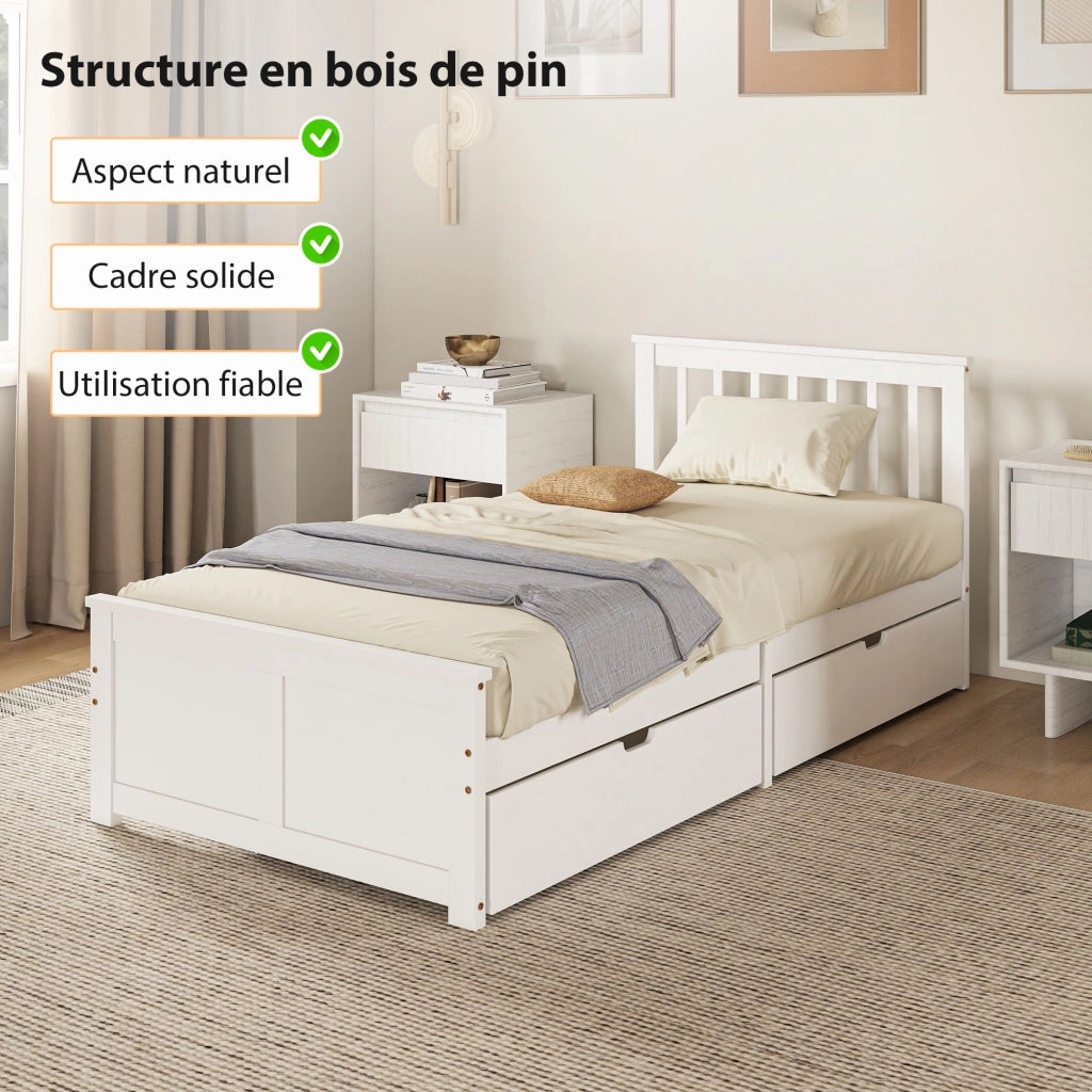 Letto Singolo in Legno Massello con 2 Cassetti e Testiera ¨C Zephmum ¨C 90x190 cm Bianco