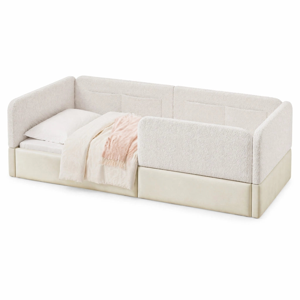 Letto a piattaforma imbottito 90x200 cm con sponde protettive e tasche portaoggetti, bianco
