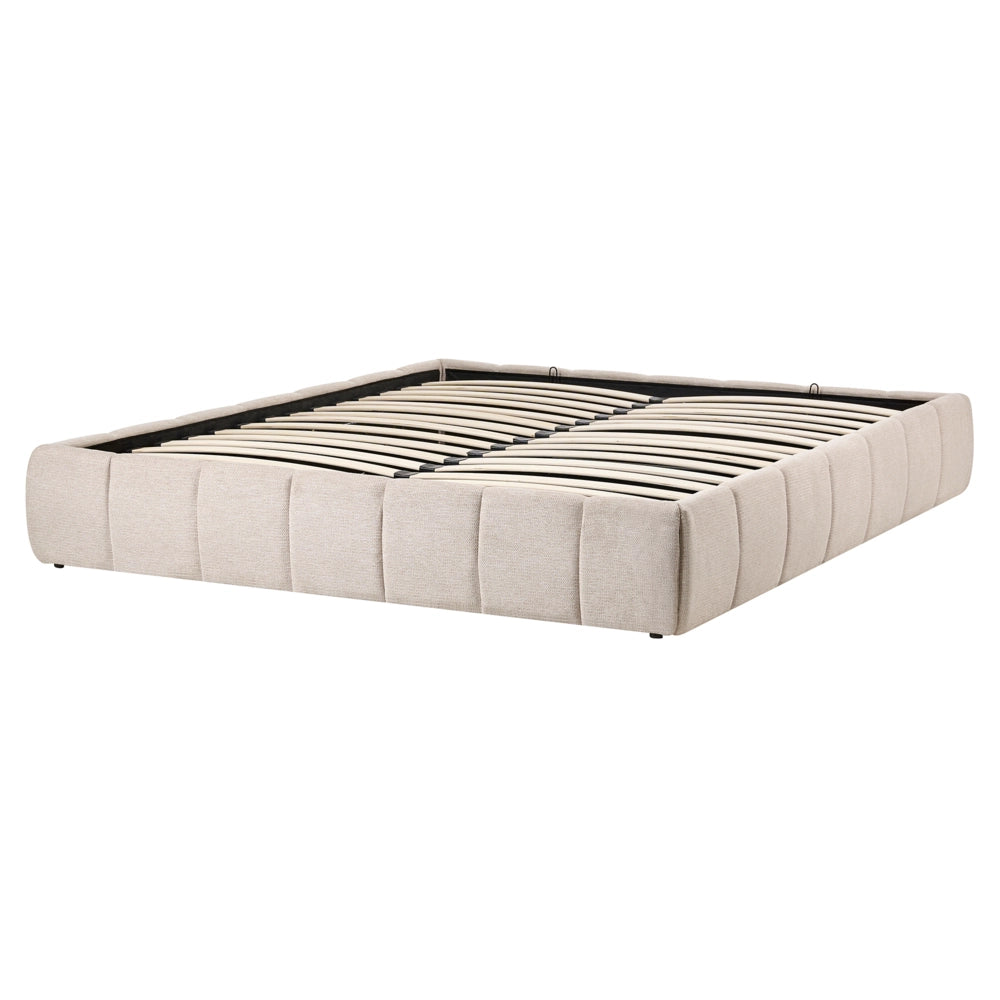 Letto matrimoniale in tessuto beige chiaro, imbottita, con contenitore e panca 160x200 cm design moderno