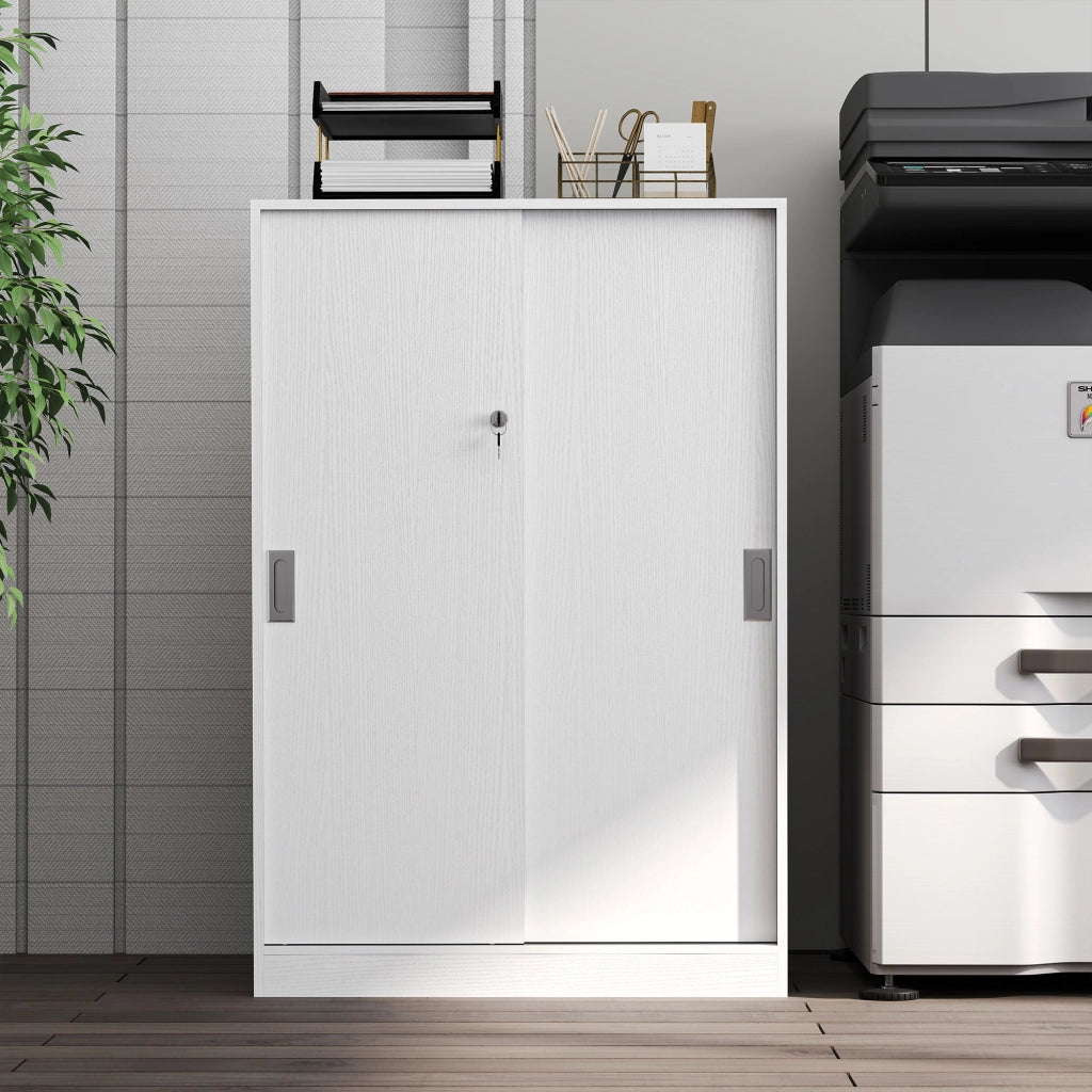 Armadio per ufficio con 2 ante scorrevoli, 3 ripiani e chiavi ¨C zephmum ¨C 80x40x120 cm bianco