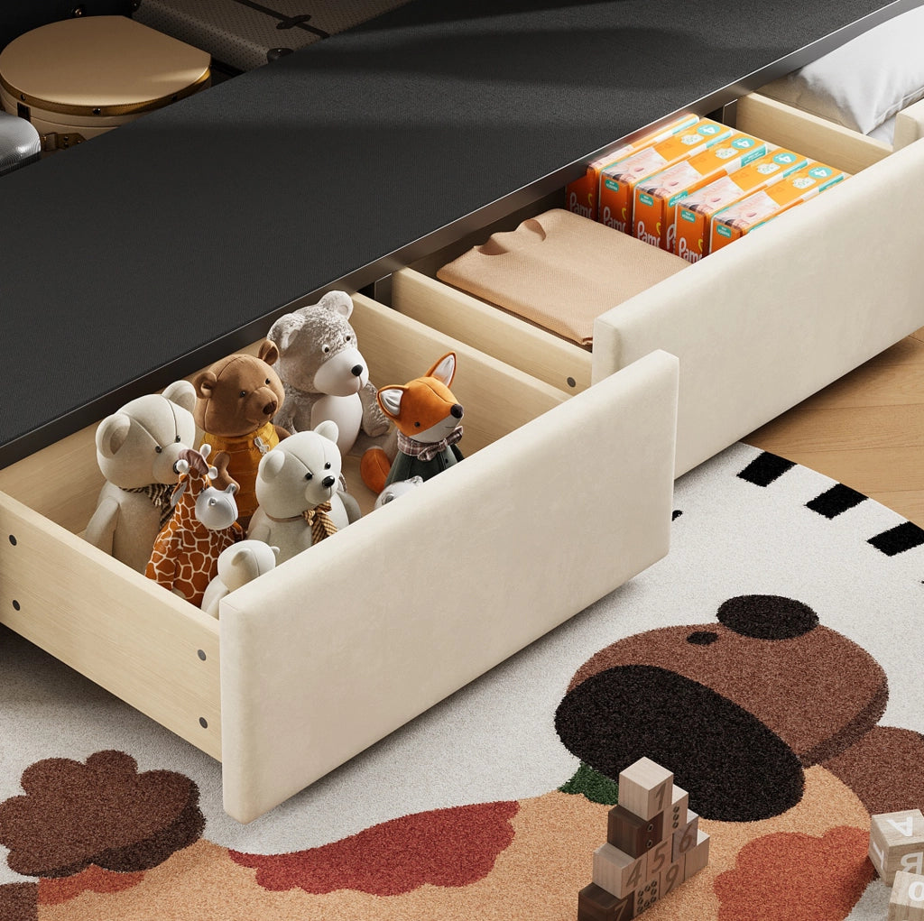 Letto imbottito con contenitore, 3 cassetti e LED 90x200 cm beige