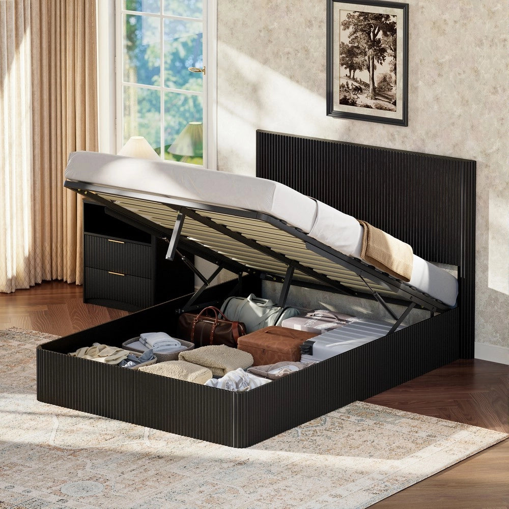 Letto Contenitore con Sollevamento Idraulico ¨C Xylo ¨C Nero, Doghe in Legno Massello, 140x200
