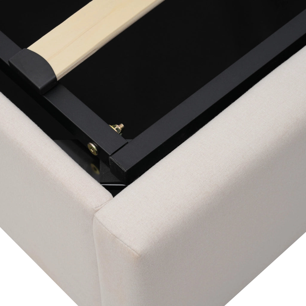 OKWISH Letto Contenitore 140×200 cm, Letto Matrimoniale con Contenitore, USB, Tipo C e Testiera, senza Materasso, in Lino Cotone, Beige