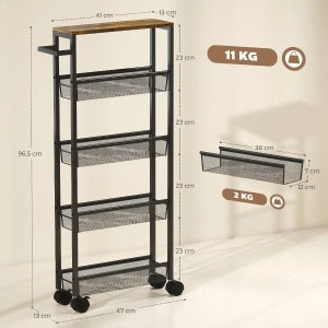 CARRELLO CUCINA STRETTO 13 cm Nero a 5 livelli con ruote