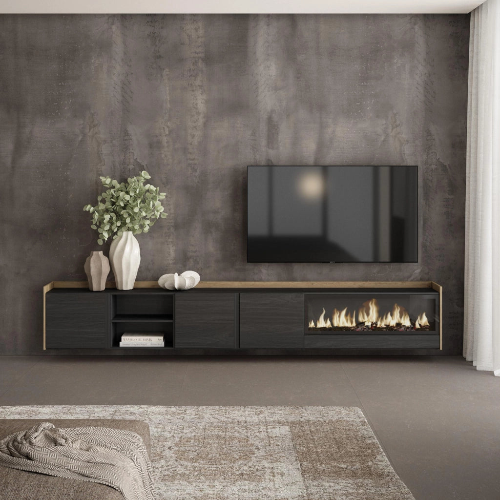 Mobile TV Soggiorno, 315x50x35 cm, Per TV fino a 80", Camino elettrico XXL, Sospeso, da appendere, Nero e rovere