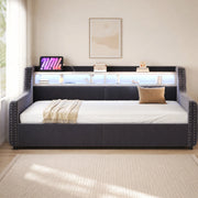 Schlafsofa imbottito 90x200 cm in velluto grigio con contenitore idraulico, LED, presa USB/Type-C e rete a doghe