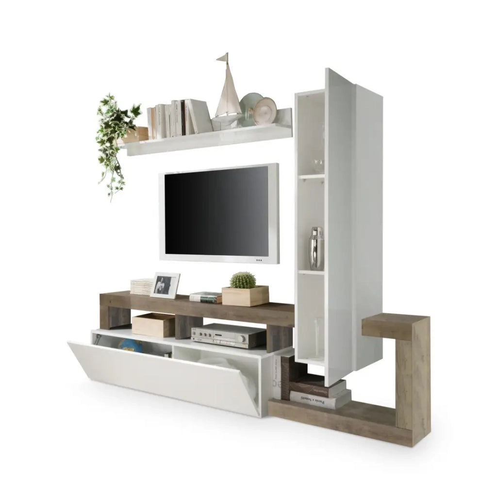 Set mobili soggiorno con contenitori 220 cm, collezione BURA, bianco lucido/rovere chiaro