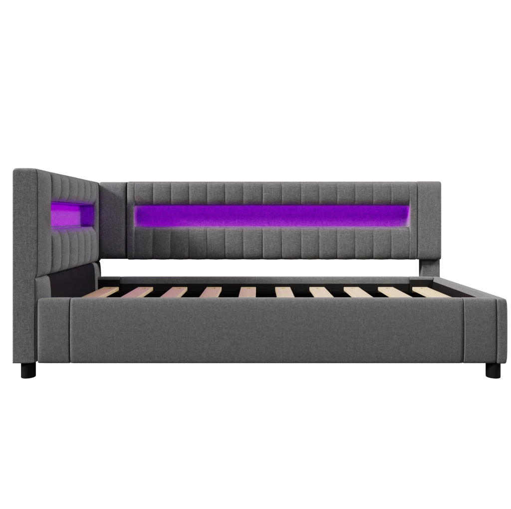 Letto daybed 90x200 cm in lino grigio con LED; contenitore idraulico; USB e Type-C