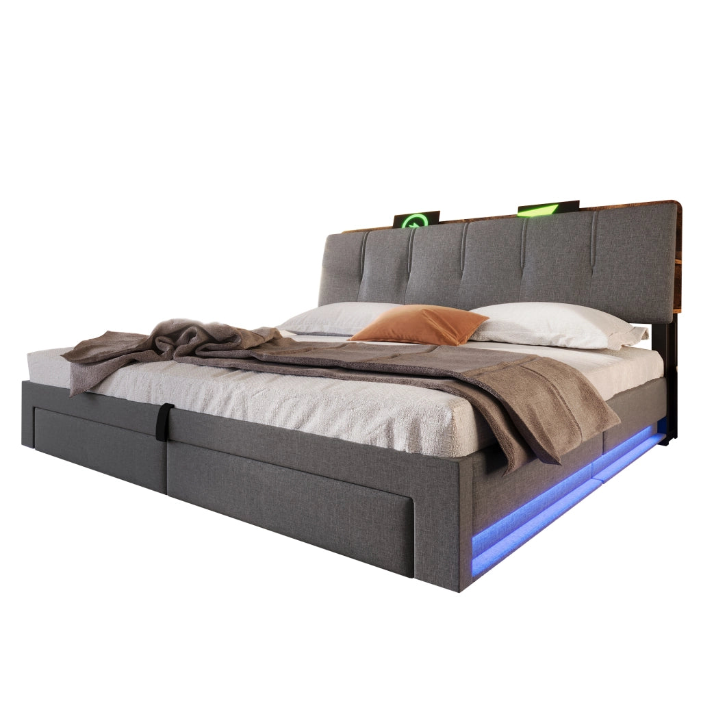 Letto Contenitore 180x200 cm; Matrimoniale - USB; Type-C; LED; Grigio
