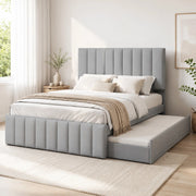 DESMIU Letto estraibile 140 × 200 cm 2 posti con 3 cassetti e letto supplementare, senza materasso, in lino, grigio