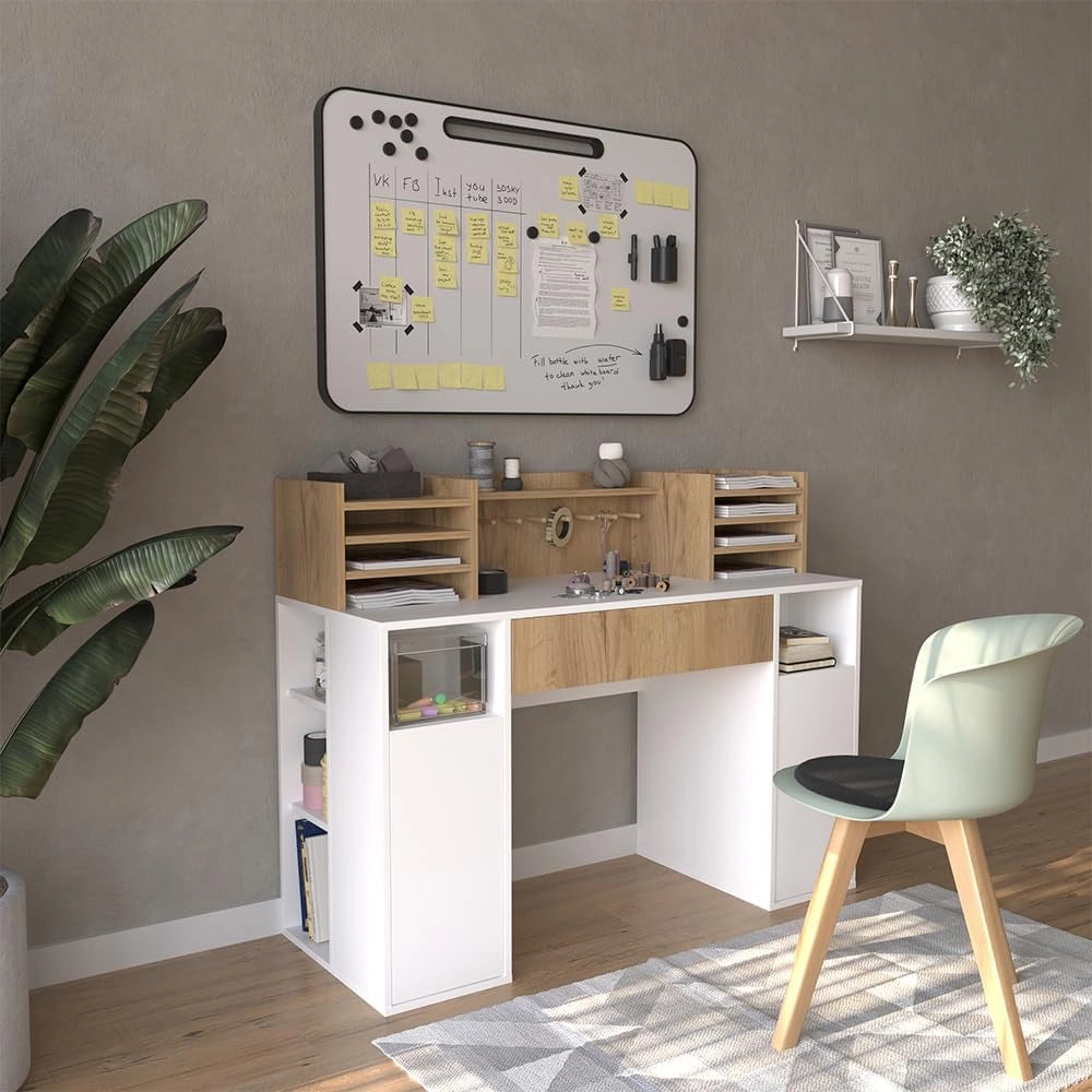 Scrivania con ripiani, Bianco/Sonoma, 126.8 x 50 cm XL con ripiani, adatto come postazione di lavoro con passacavi e superficie d’appoggio