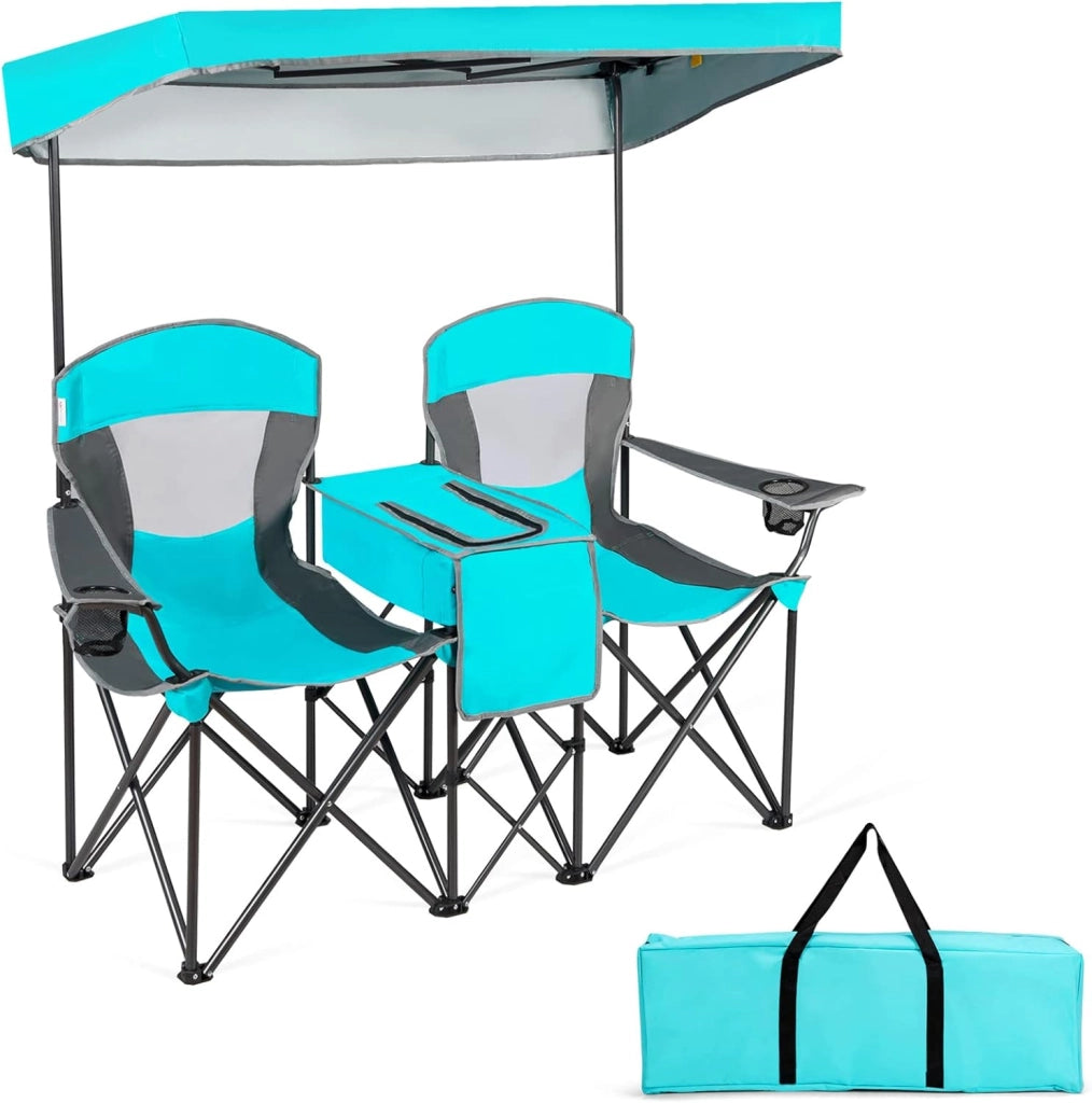 Sedie da Campeggio Pieghevoli, Panchina da Picnic a 2 Posti Regolabile con Tettoia, Sedia Portatile e Pieghevole per Campeggio, Spiaggia, Giardino (Blu Marino)