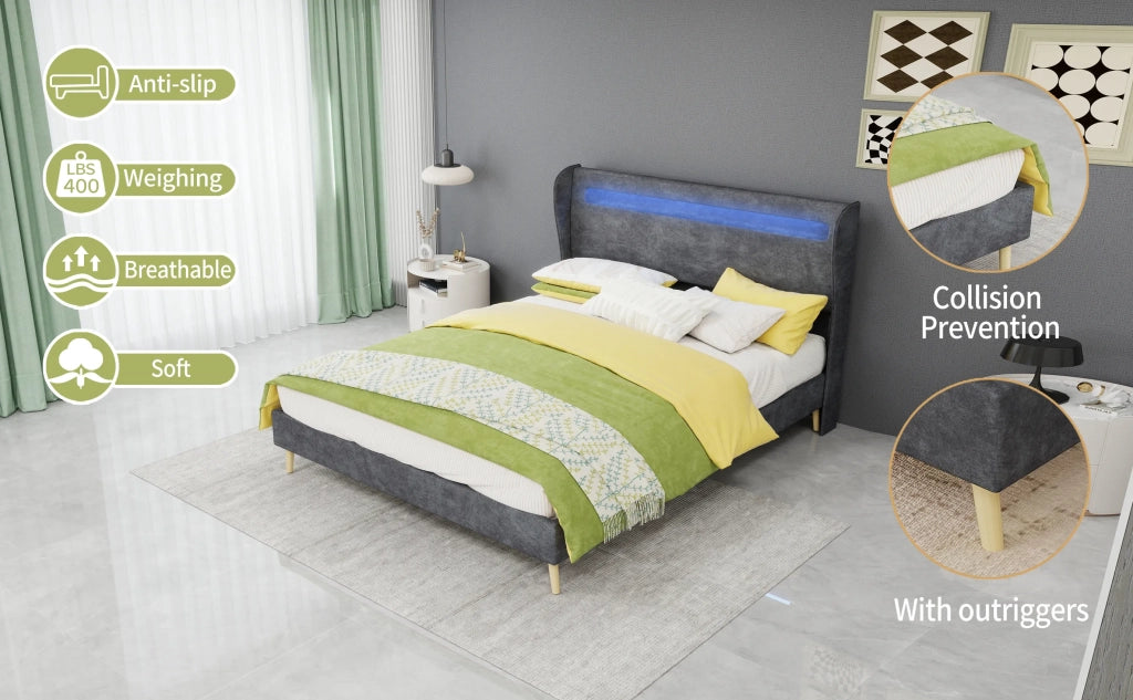 Letto imbottito minimalista con testiera LED, 140x200 cm, grigio, base bassa non contenitore (senza sollevatore a gas), materasso 140x200 cm incluso