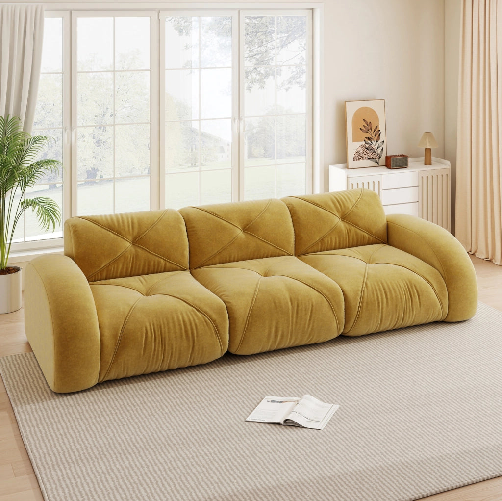 Divano modulare 3 posti senza struttura in chenille gialla; design basso e seduta morbida