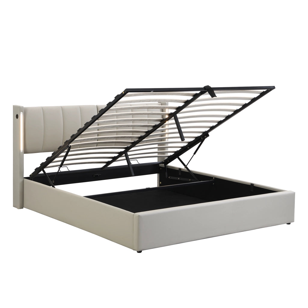 Letto Contenitore 140x200 cm 1 Posto; USB; LED; Testiera Regolabile in PU Grigio