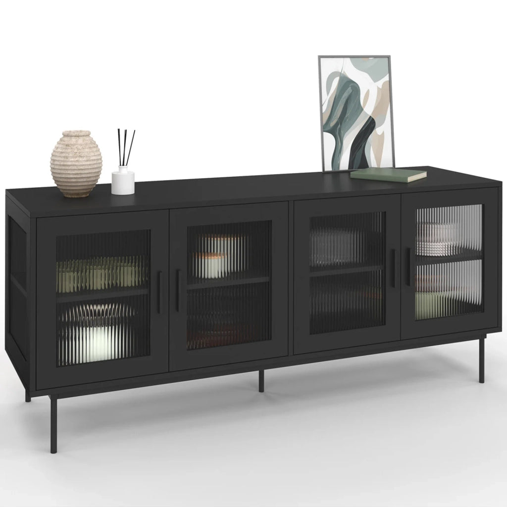 IDMarket - Credenza ZINEB 140 cm, 4 ante in vetro, frontale nero scanalato