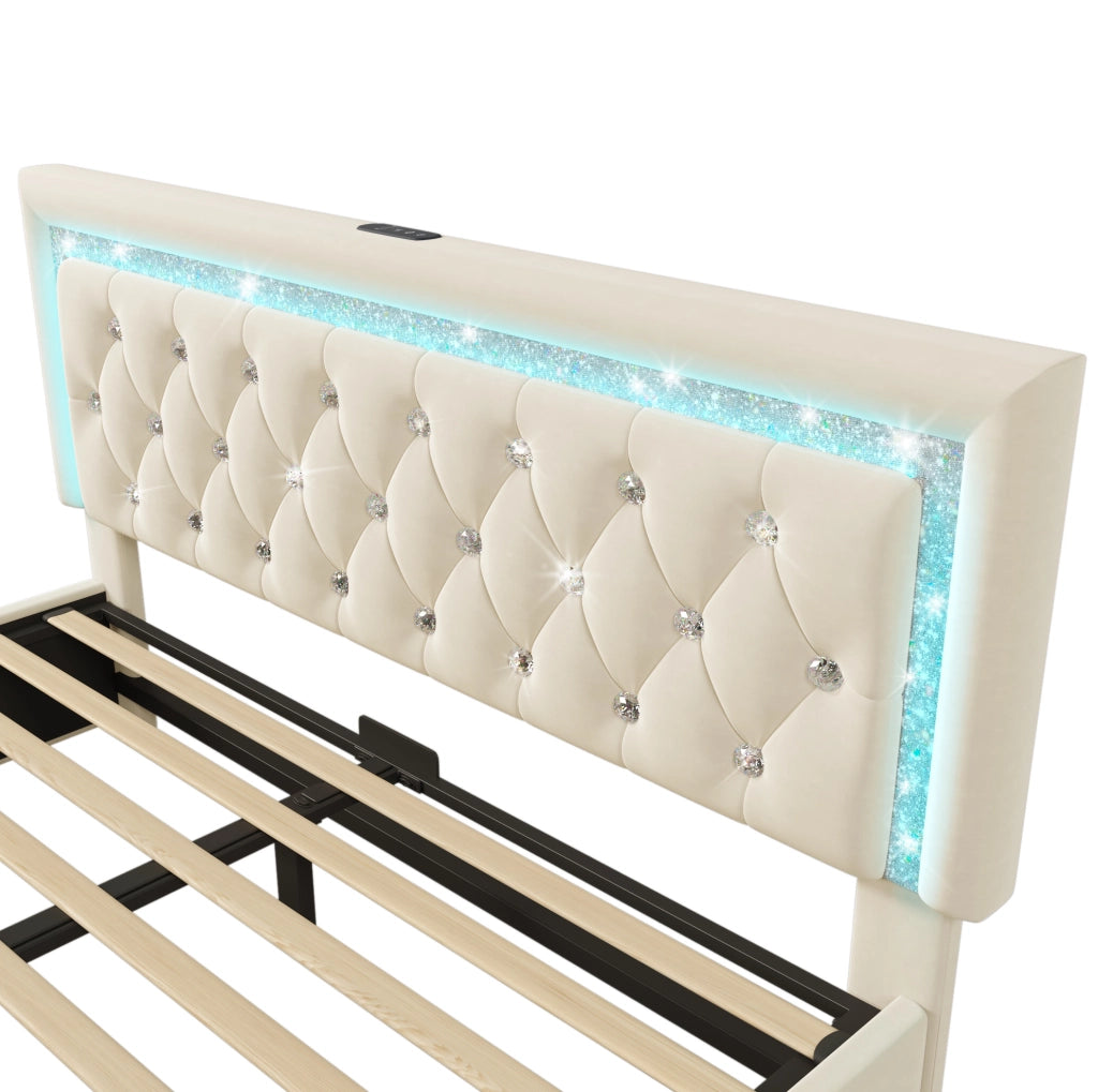 Letto matrimoniale imbottito 160x200 cm in velluto beige con LED; USB; contenitore e materasso