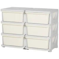 Cassettiera 6 Cassetti per Bambini 3-6 Anni con Bordi Arrotondati, in PP Bianco Crema, 75x37x56.5 cm