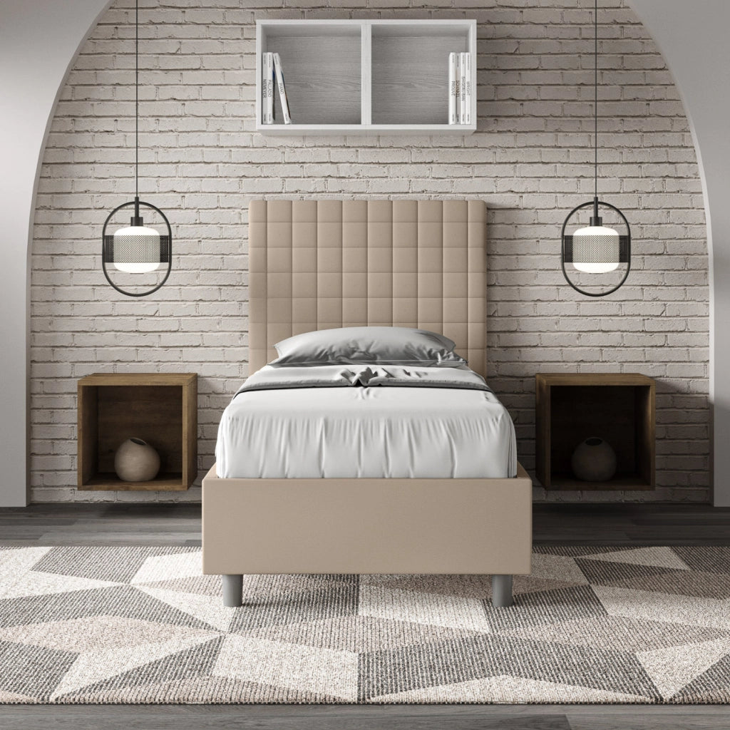 BS COM Letto singolo con rete imbottito 80x200 similpelle tortora