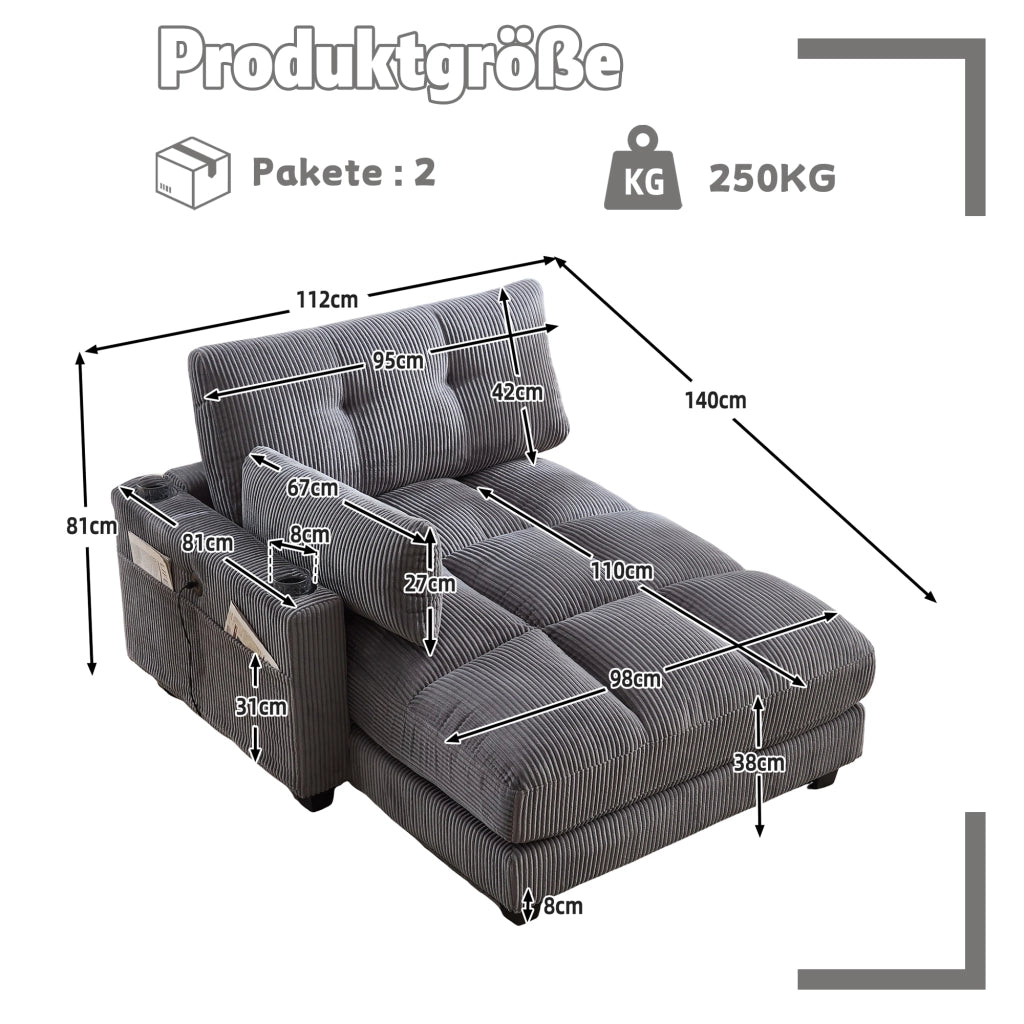 POLTRONA Relax 140x112x81 cm Tessuto a coste Grigio con portabicchieri e USB
