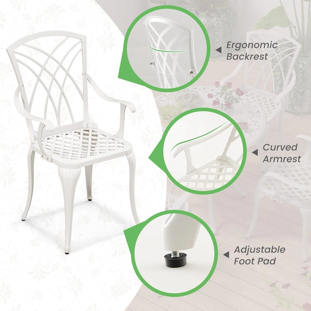 Soggiorno da giardino esterno, tavolo da giardino con sedia in ghisa di alluminio, tavolo da bistrot 5 pezzi per 4 persone, foro dell'ombrellone Dia.5 cm, tavolo rotondo per terrazza, balcone