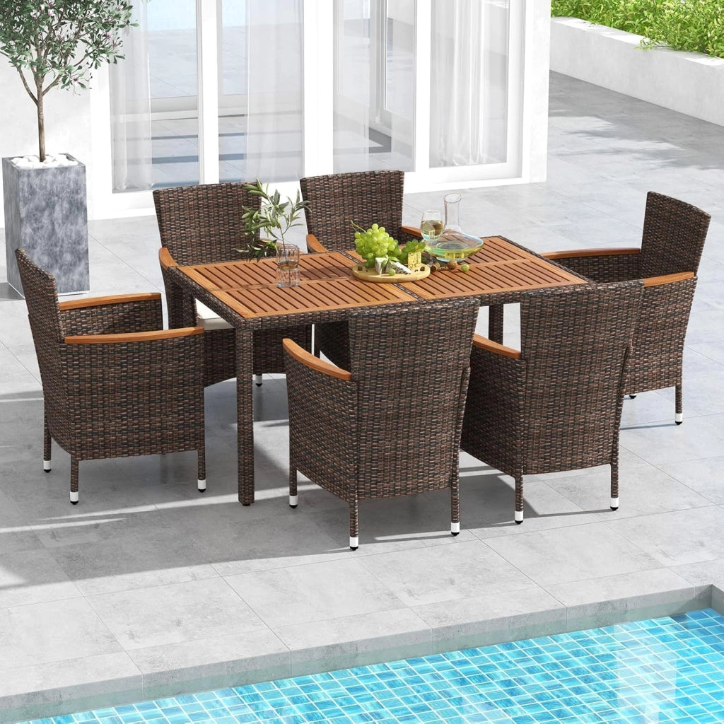 7 Pezzi Set di Mobili da Pranzo, Set Mobili da Giardino in Rattan PE con Piano in Legno di Acacia, 6 Sedie Impilabili e Cuscini Impermeabili, per Giardino Piscina e Cortile