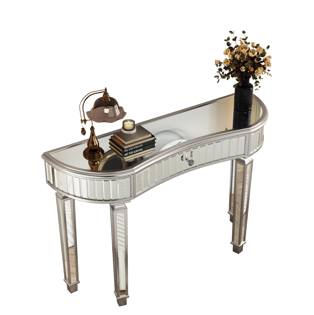 TAVOLO CONSOLLE MEZZALUNA 120 cm Grigio Argento in MDF e Vetro con Cassetto