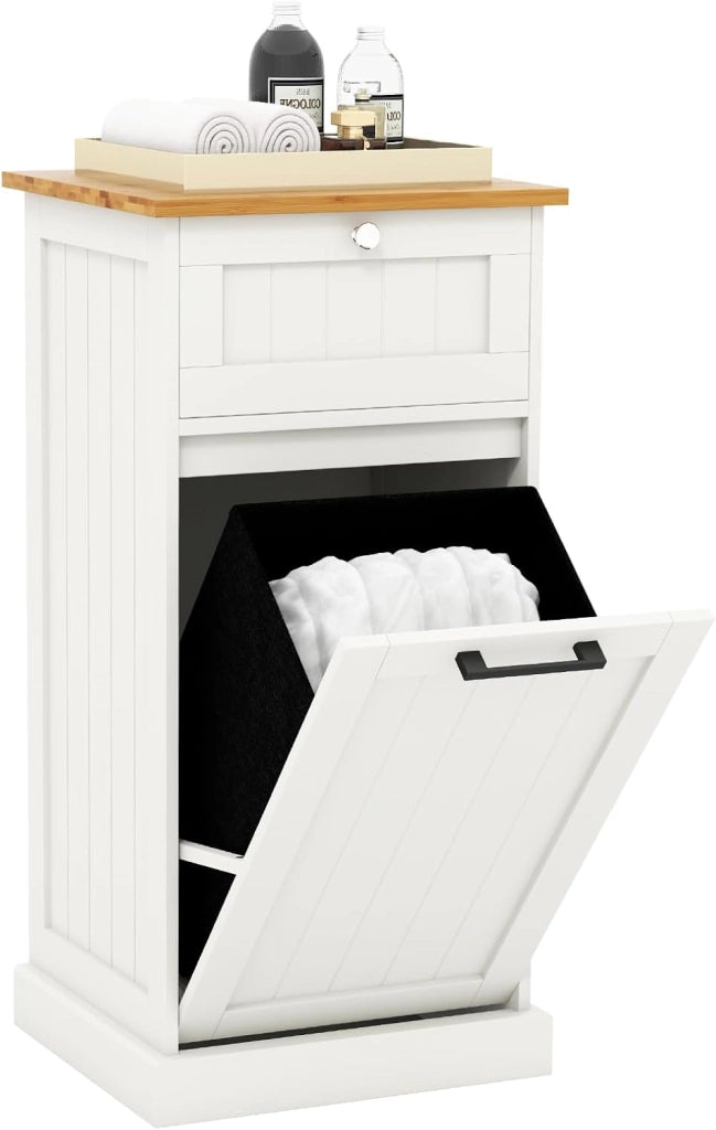 Armadio per Lavanderia in Legno con Cassetto e Cesto Estraibile per Biancheria, 40 x 37 x 82 cm, per Bagno (Bianco)