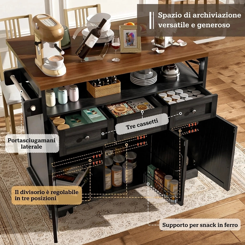 Isola per cucina nera con ruote e piano pieghevole 118x43x98 cm; MDF e metallo