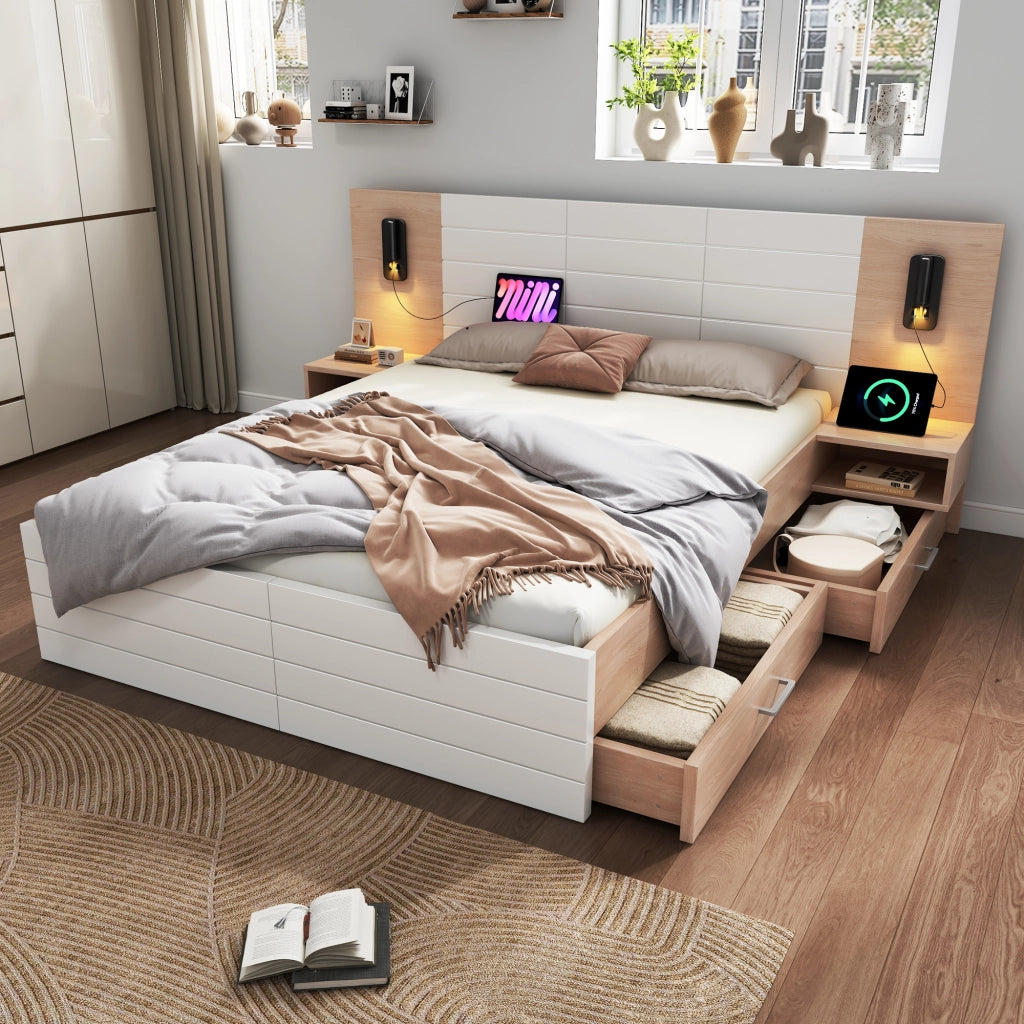 OKWISH Letto Matrimoniale con 2 Comodini e 2 Cassetti, Testiera con Lampada da Lettura Orientabile e USB, Legno Massello e MDF, Bianco