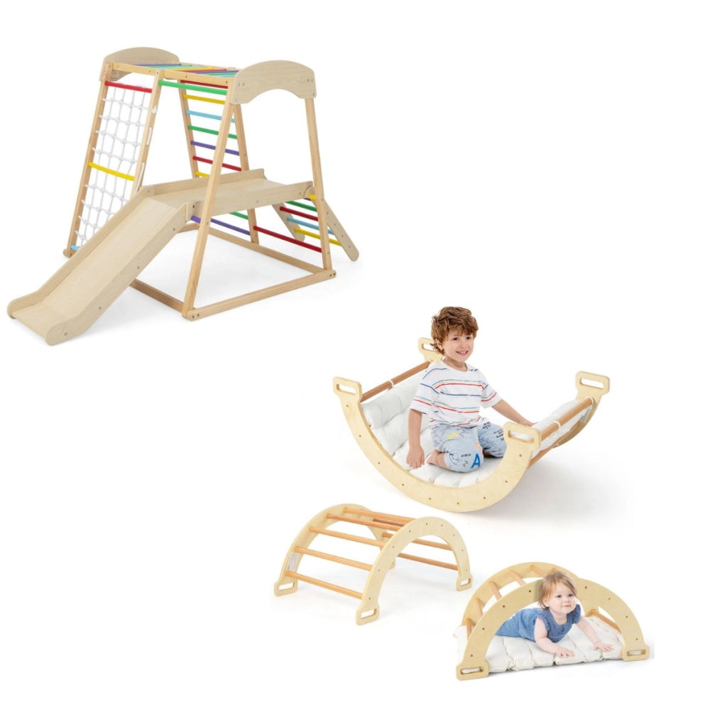 Parco giochi 6-in-1 per bambini 1+ anni in legno e dondolo ad arco 2 in 1-Palestra in legno e arco di arrampicata a doppia faccia