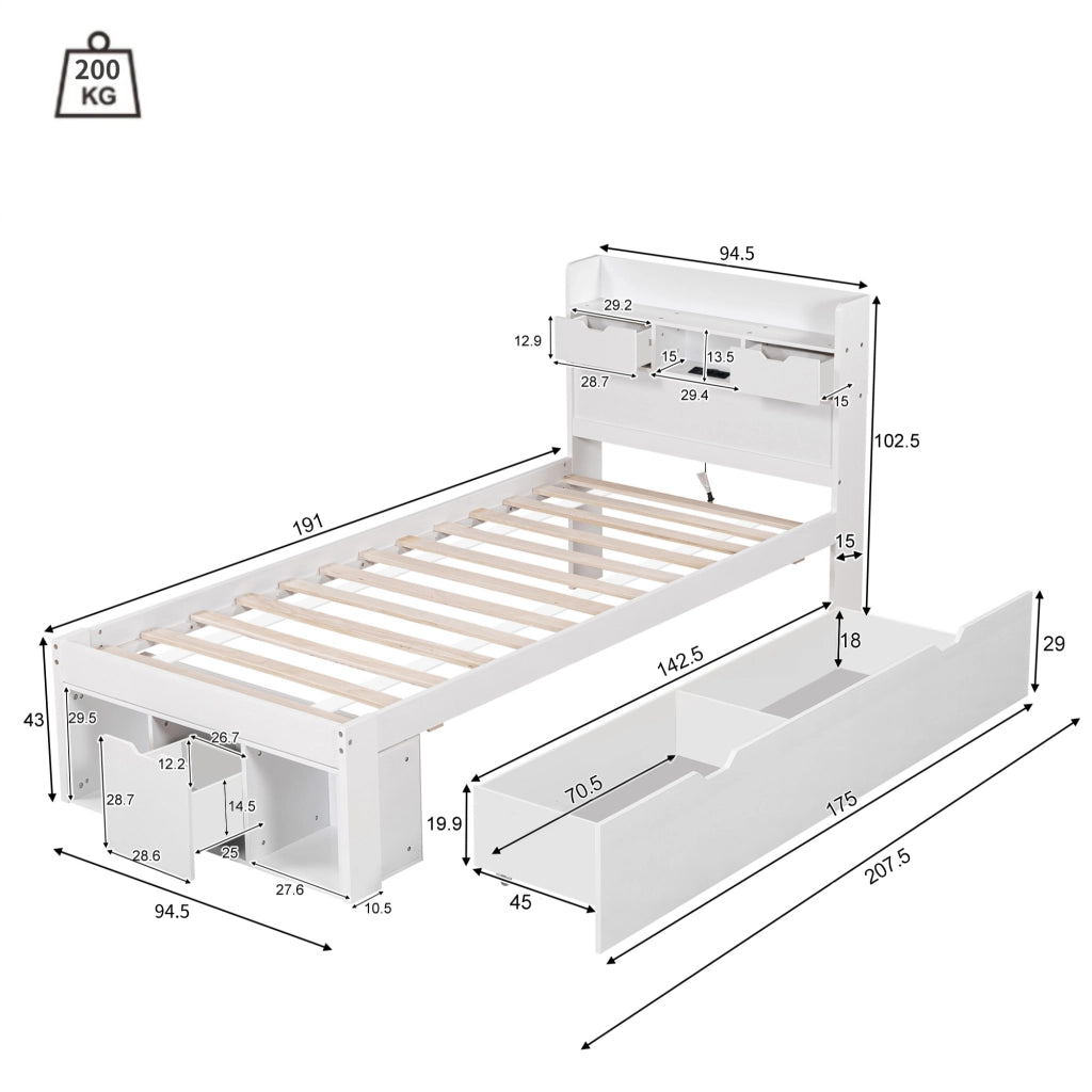 Letto singolo 90x190 cm per bambini e ragazzi con porta USB; cassetto e ampio vano portaoggetti; bianco