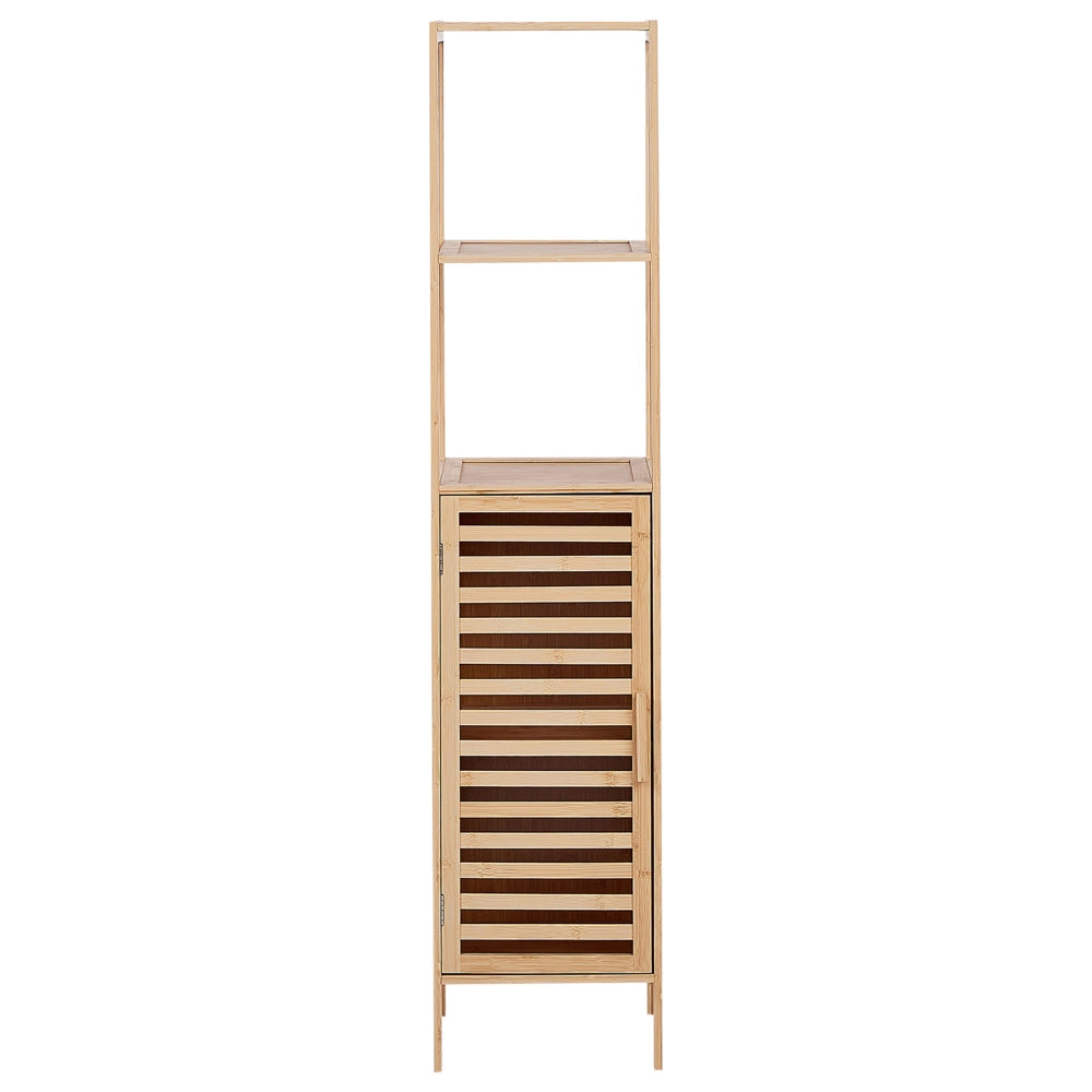 Scaffale da bagno in marrone chiaro di bambù con ripiani e porta Minimalista