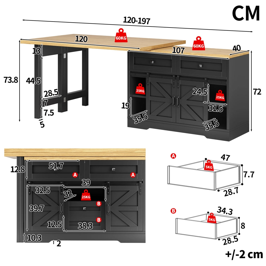 Tavolo da pranzo multifunzione con mobile laterale; ante scorrevoli; pannelli girevoli a 360°; nero; 120 × 40 × 72 cm
