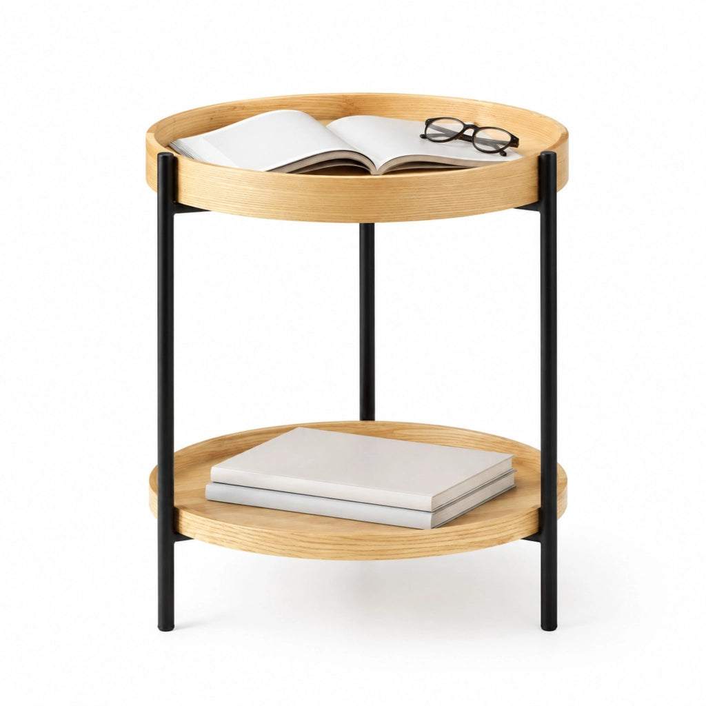Tavolino da caff¨¨ rotondo ?69x38 cm a 2 ripiani in legno massello, MDF e ferro