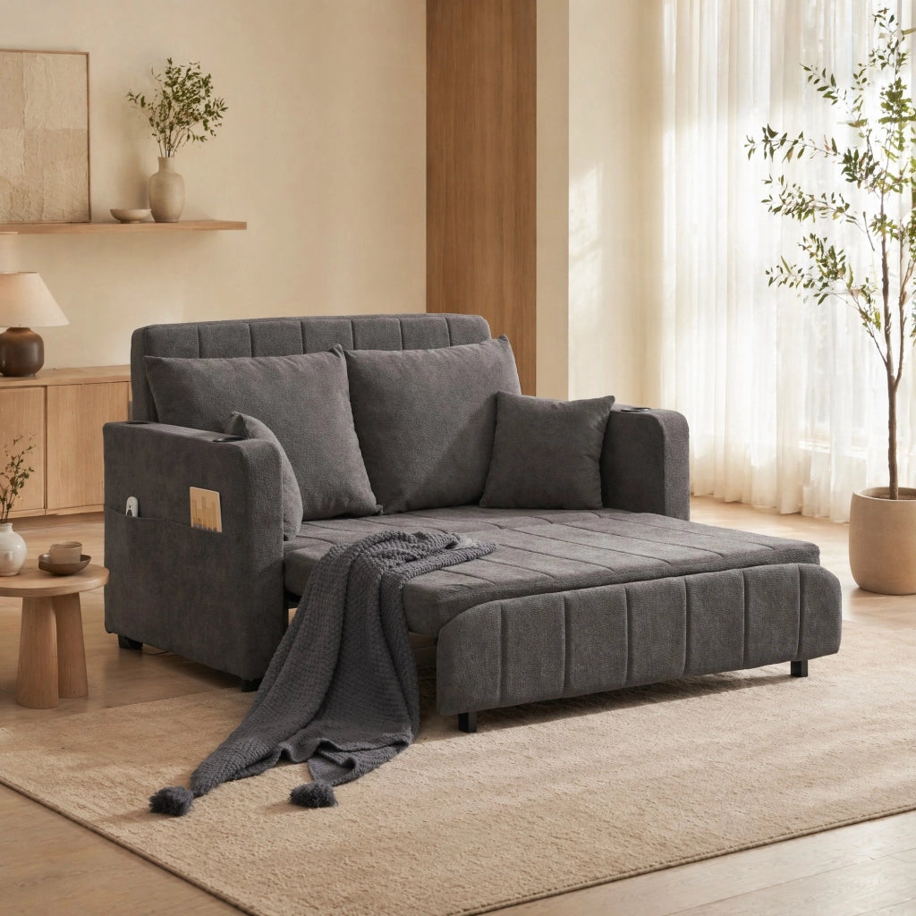 Divano letto multifunzionale in chenille grigio 139x83x58 cm; con cuscini e tasca laterale